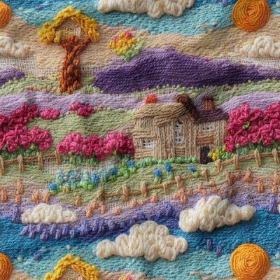 پارچه مخمل روبالشی طرح سه بعدی خانه روستایی