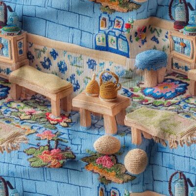 پارچه مخمل کوسن مبل طرح سه بعدی خانه ایرانی